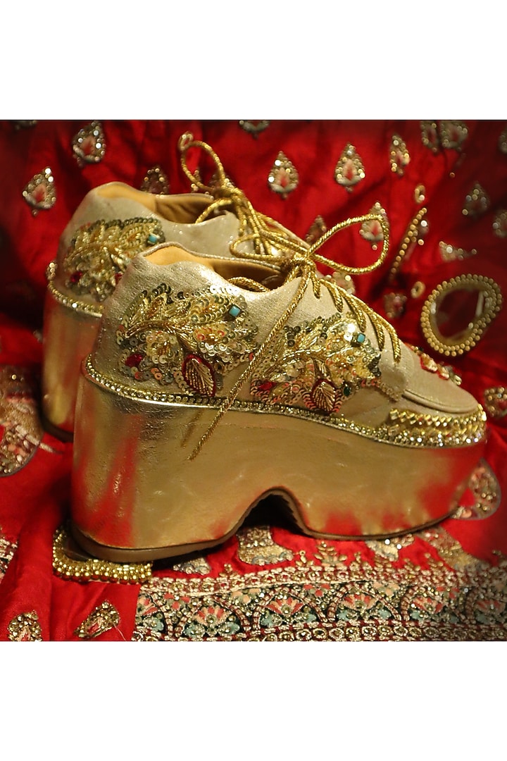 Gold Vegan Leather & Airmix Zardosi Embroidered Shoes by Chal Jooti at Pernia's Pop Up Shop