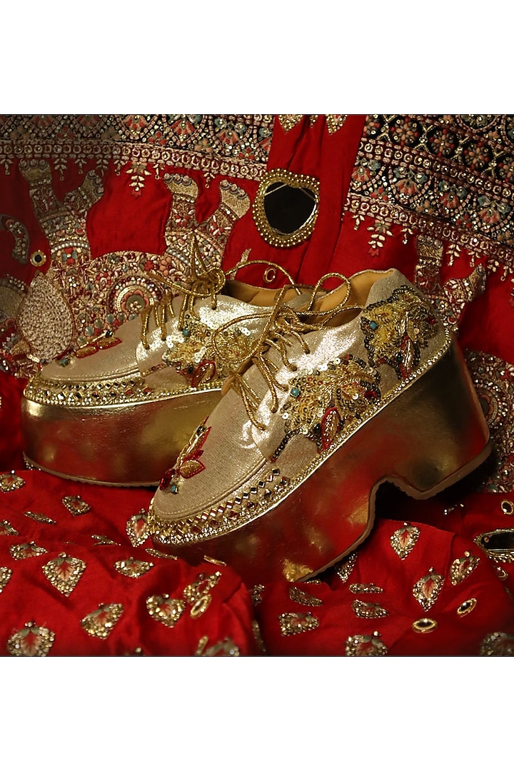 Gold Vegan Leather & Airmix Zardosi Embroidered Shoes by Chal Jooti at Pernia's Pop Up Shop