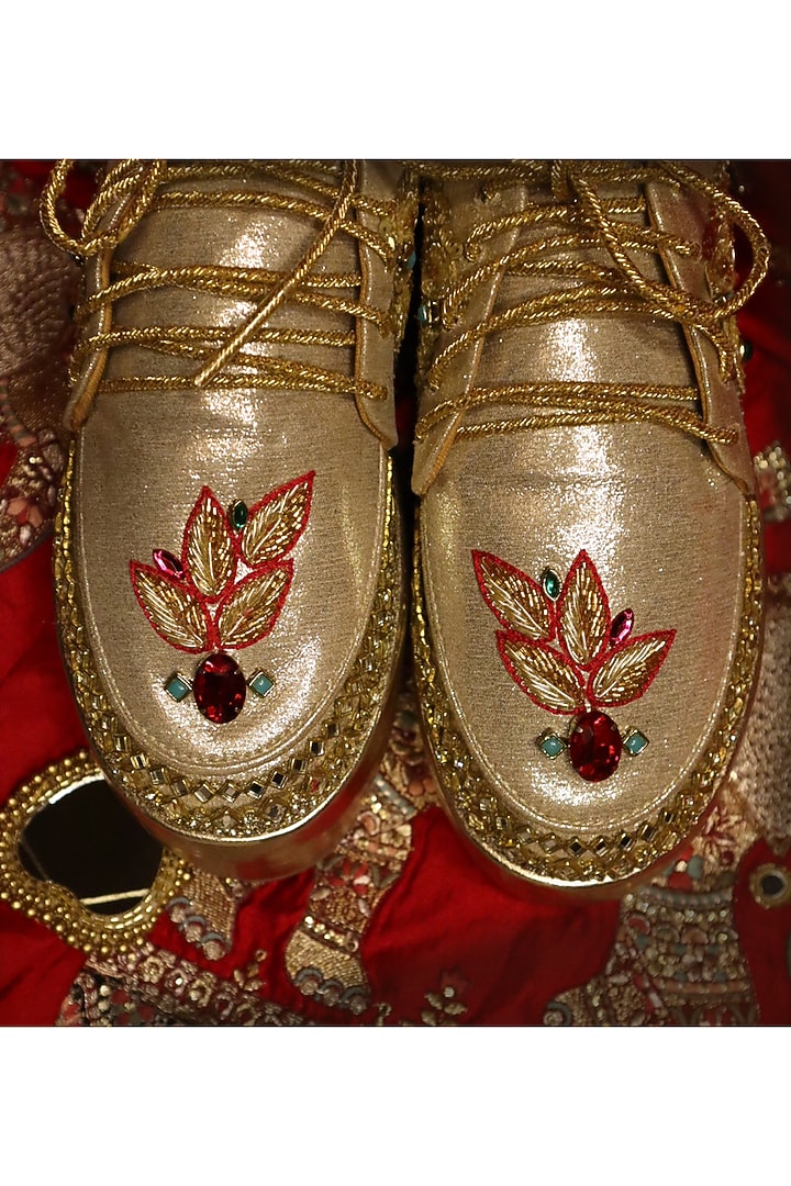 Gold Vegan Leather & Airmix Zardosi Embroidered Shoes by Chal Jooti at Pernia's Pop Up Shop