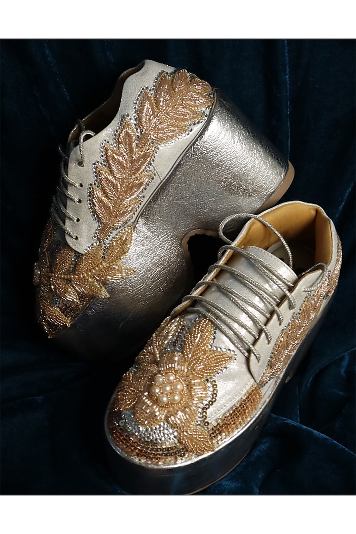 Silver Vegan Leather & Airmix Pearl Embroidered Sneakers by Chal Jooti at Pernia's Pop Up Shop