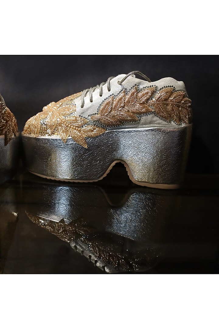 Silver Vegan Leather & Airmix Pearl Embroidered Sneakers by Chal Jooti at Pernia's Pop Up Shop