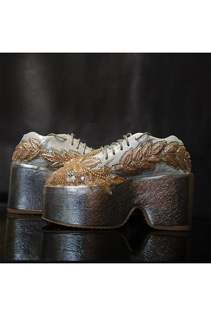 Silver Vegan Leather & Airmix Pearl Embroidered Sneakers by Chal Jooti at Pernia's Pop Up Shop