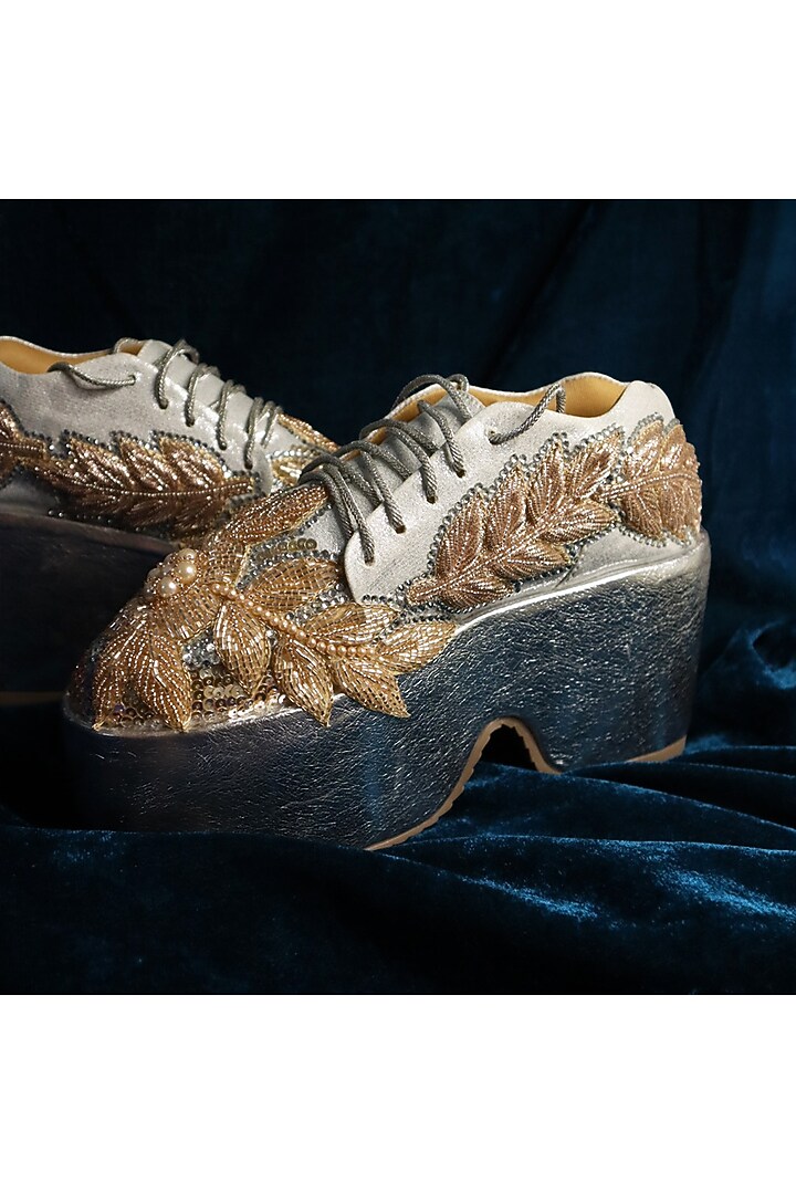 Silver Vegan Leather & Airmix Pearl Embroidered Sneakers by Chal Jooti at Pernia's Pop Up Shop