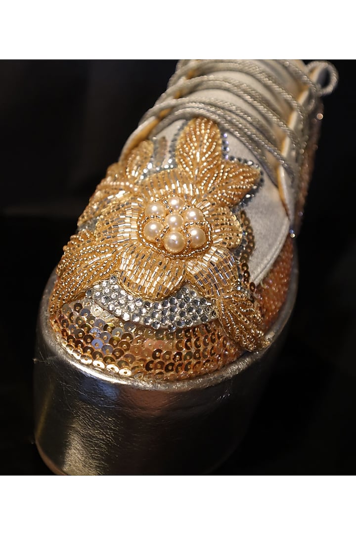 Silver Vegan Leather & Airmix Pearl Embroidered Sneakers by Chal Jooti at Pernia's Pop Up Shop