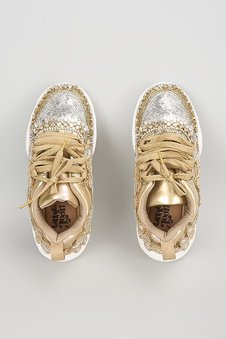 Gold Vegan Leather Sequins & Leaf Embroidered Sneakers by Chal Jooti at Pernia's Pop Up Shop