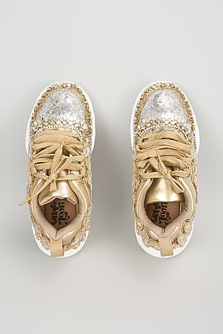 Gold Vegan Leather Sequins & Leaf Embroidered Sneakers by Chal Jooti