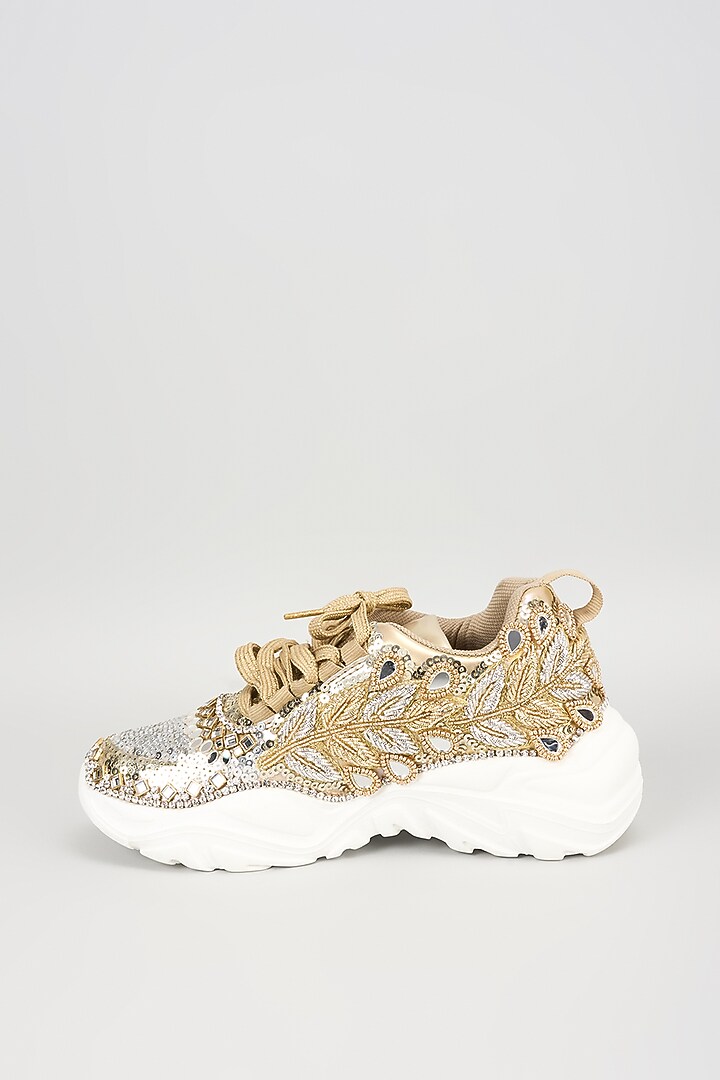 Gold Vegan Leather Sequins & Leaf Embroidered Sneakers by Chal Jooti at Pernia's Pop Up Shop