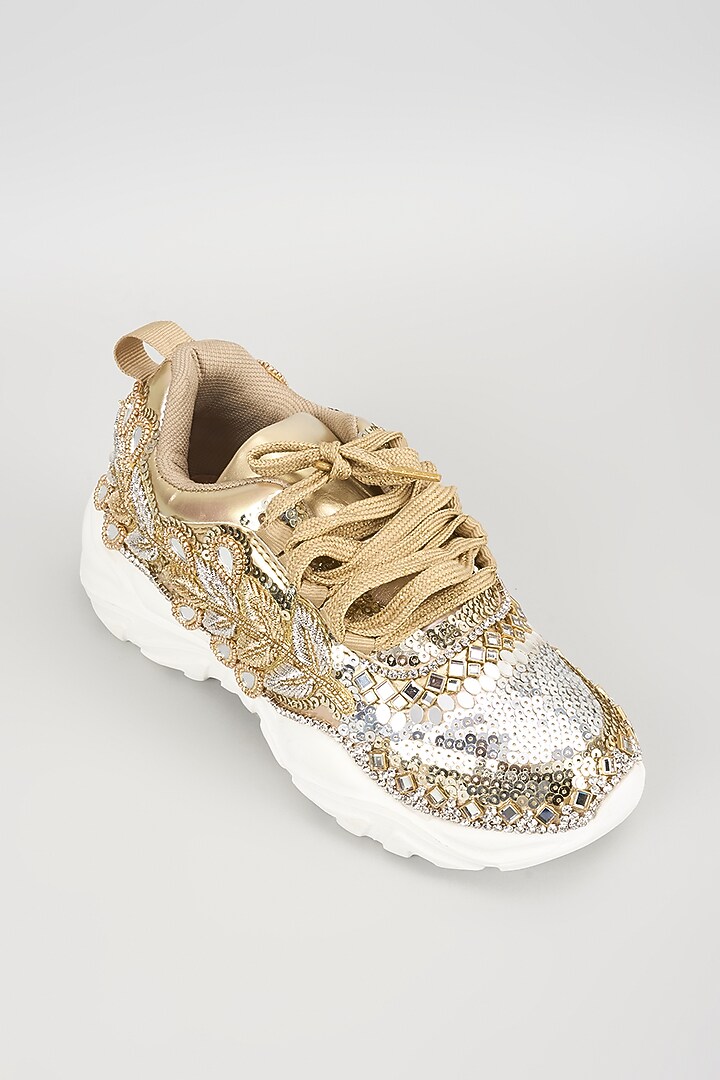 Gold Vegan Leather Sequins & Leaf Embroidered Sneakers by Chal Jooti at Pernia's Pop Up Shop