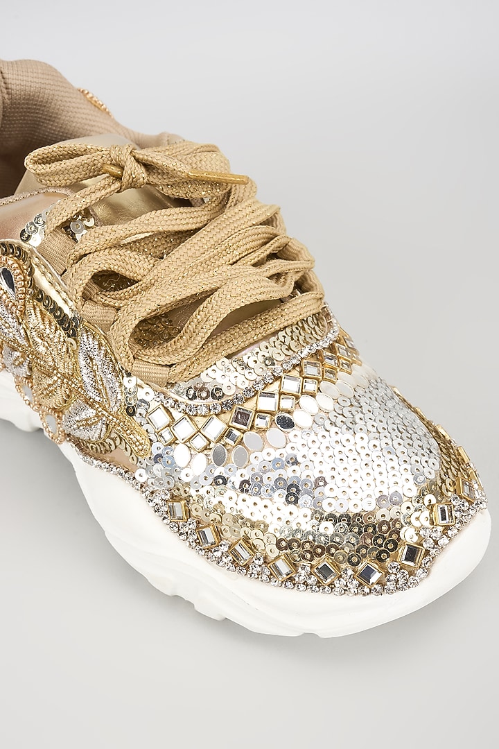 Gold Vegan Leather Sequins & Leaf Embroidered Sneakers by Chal Jooti at Pernia's Pop Up Shop