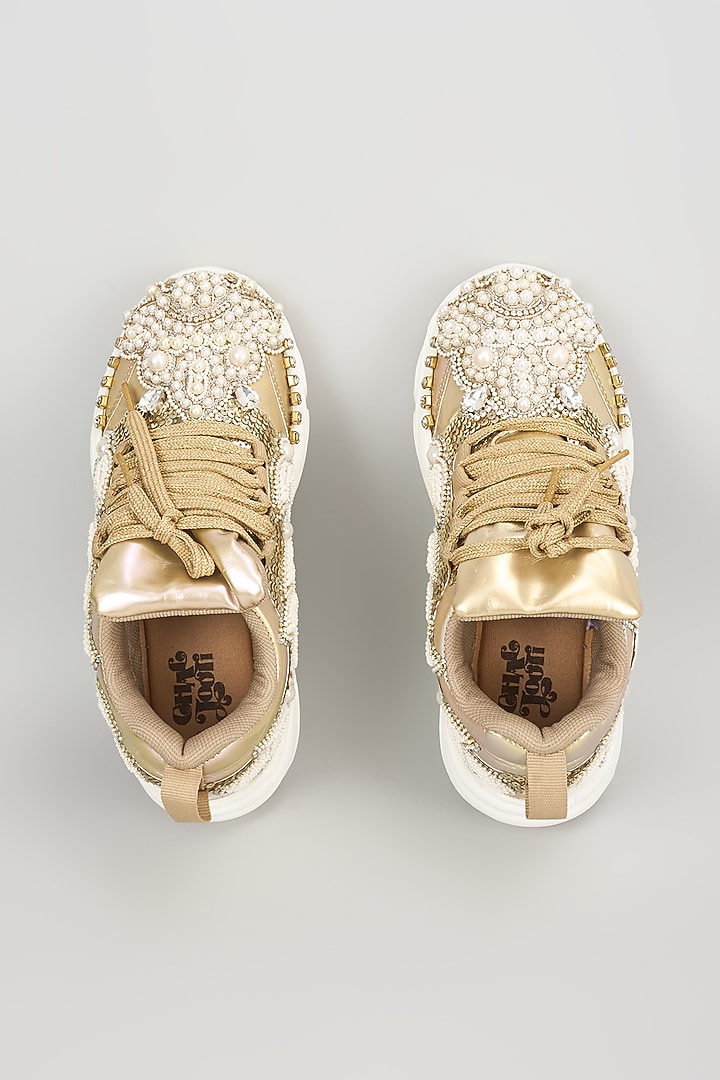 Silver Vegan Leather Pearl Beads Embroidered Sneakers by Chal Jooti at Pernia's Pop Up Shop
