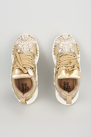 Silver Vegan Leather Pearl Beads Embroidered Sneakers by Chal Jooti