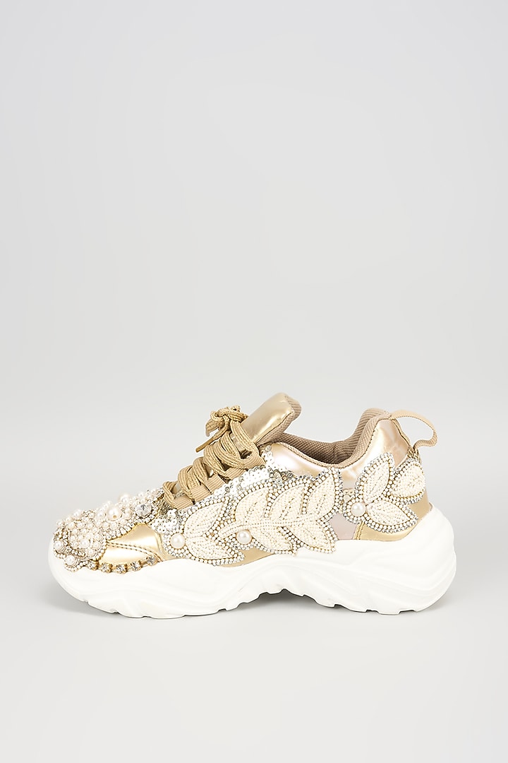 Silver Vegan Leather Pearl Beads Embroidered Sneakers by Chal Jooti at Pernia's Pop Up Shop