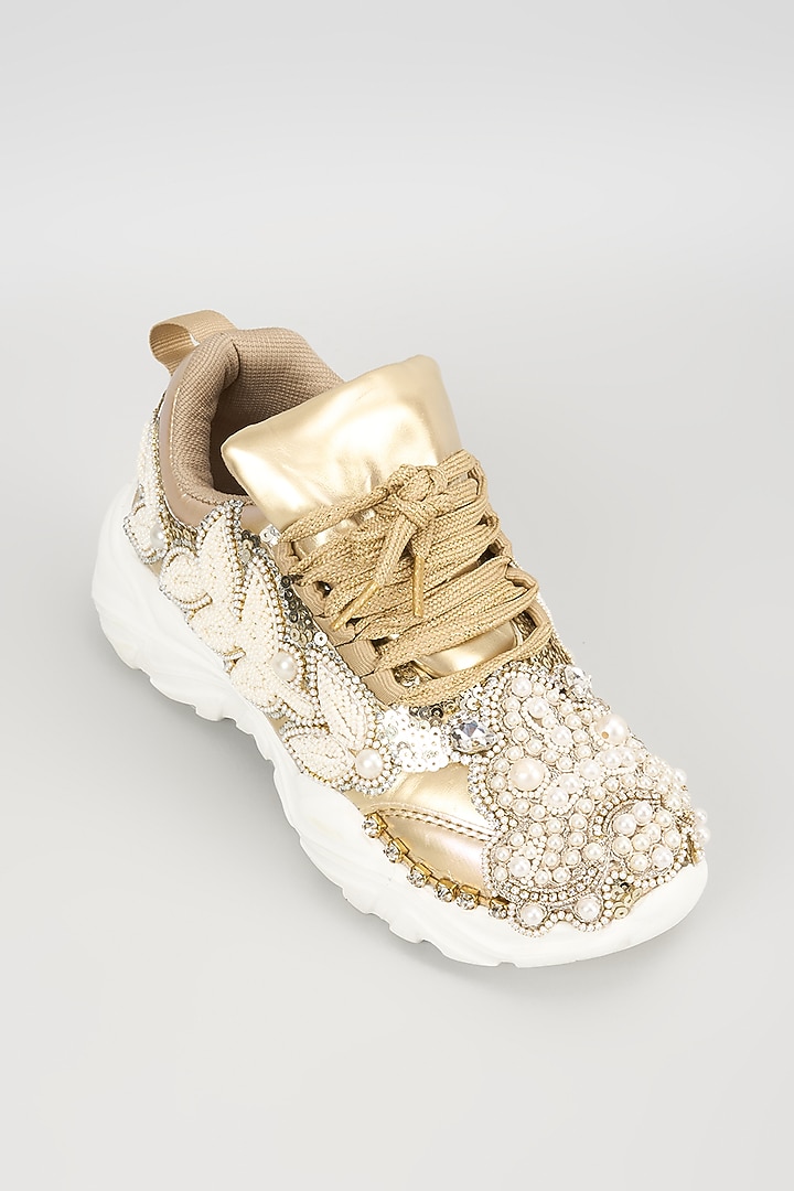 Silver Vegan Leather Pearl Beads Embroidered Sneakers by Chal Jooti at Pernia's Pop Up Shop