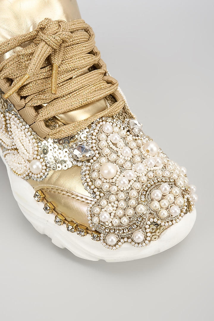 Silver Vegan Leather Pearl Beads Embroidered Sneakers by Chal Jooti at Pernia's Pop Up Shop