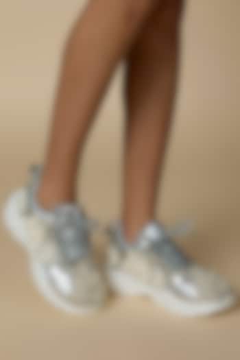 Silver Vegan Leather Pearl Beads Embroidered Sneakers by Chal Jooti at Pernia's Pop Up Shop