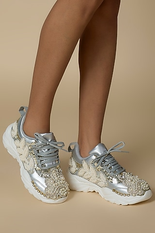 Silver Vegan Leather Pearl Beads Embroidered Sneakers by Chal Jooti