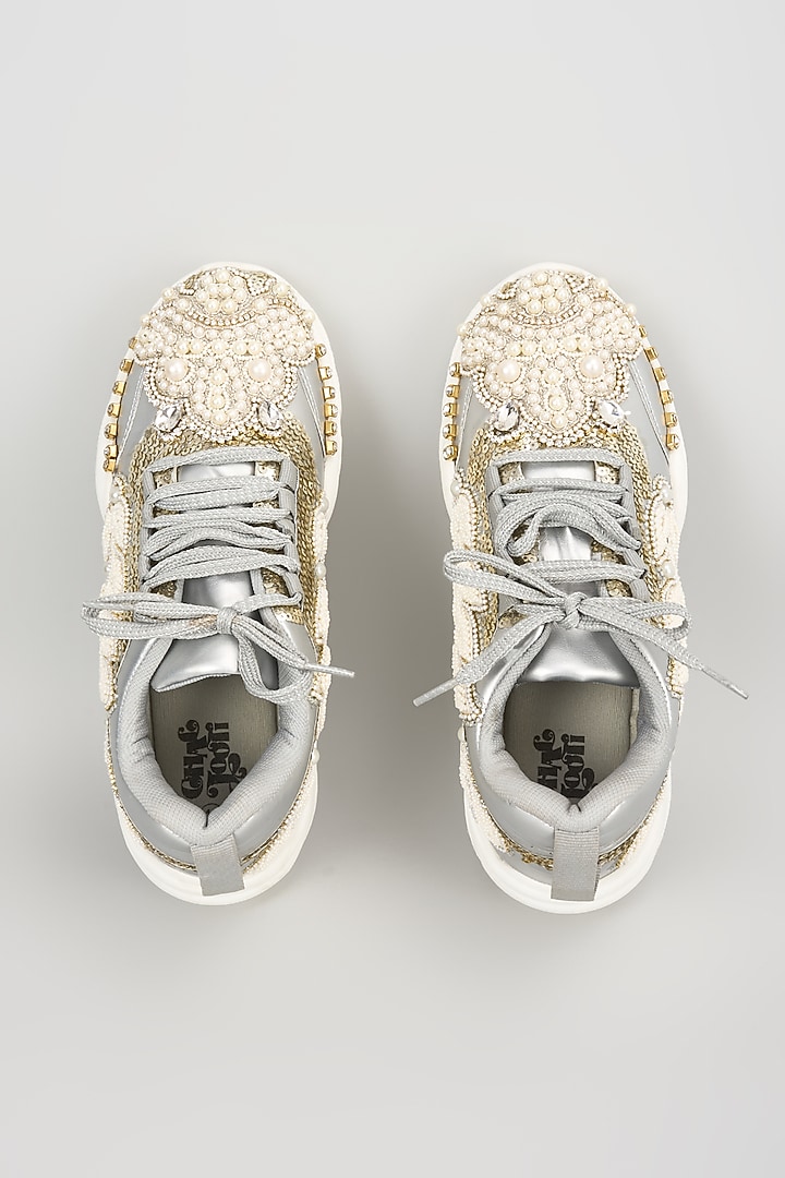 Silver Vegan Leather Pearl Beads Embroidered Sneakers by Chal Jooti at Pernia's Pop Up Shop