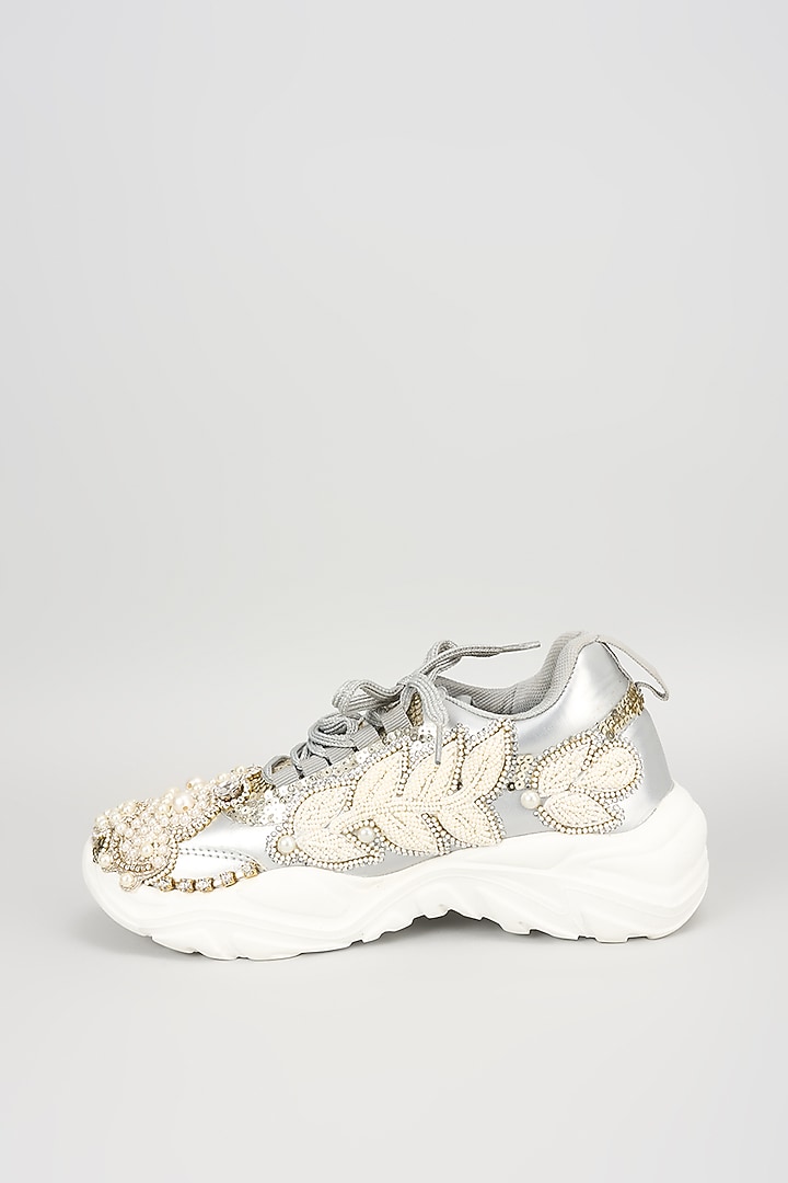 Silver Vegan Leather Pearl Beads Embroidered Sneakers by Chal Jooti at Pernia's Pop Up Shop