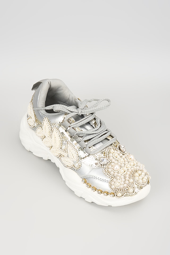 Silver Vegan Leather Pearl Beads Embroidered Sneakers by Chal Jooti at Pernia's Pop Up Shop