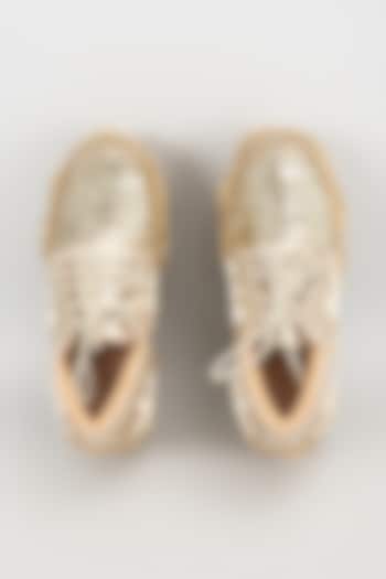 Gold Vegan Leather Pearl Hand Embroidered Sneakers by Chal Jooti at Pernia's Pop Up Shop