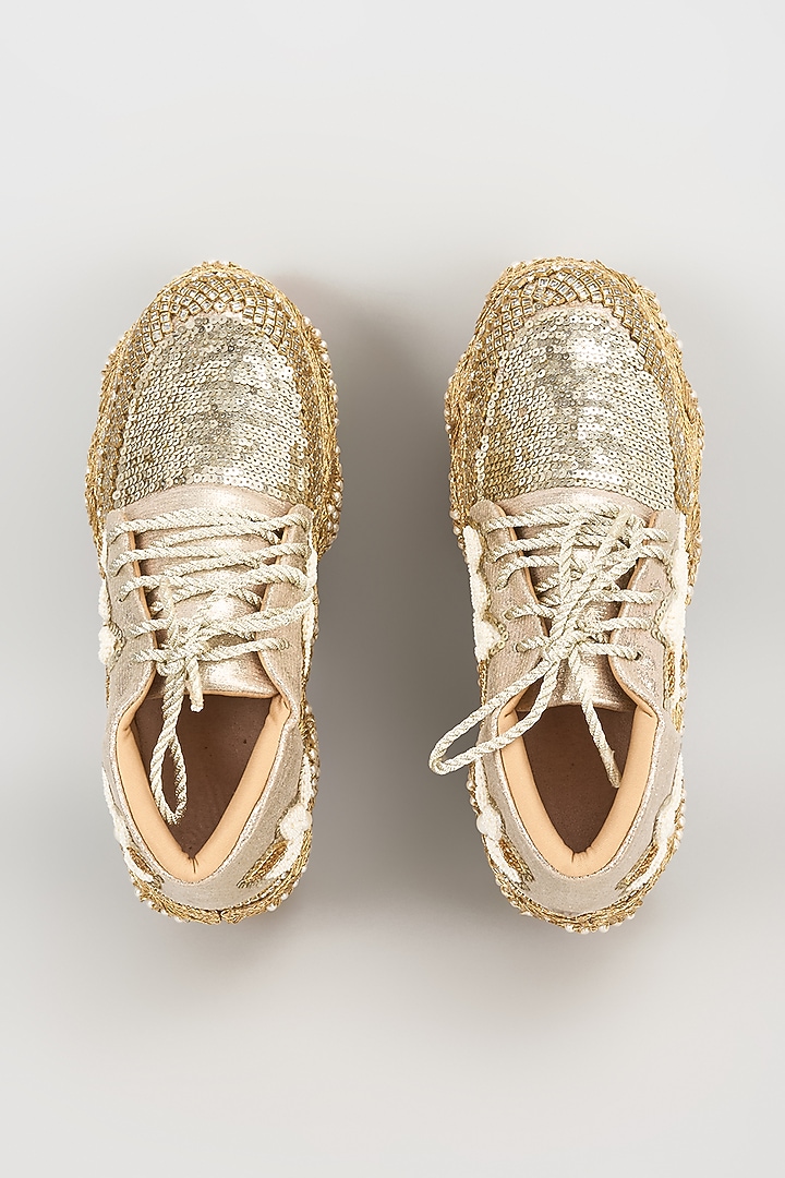 Gold Vegan Leather Pearl Hand Embroidered Sneakers by Chal Jooti at Pernia's Pop Up Shop