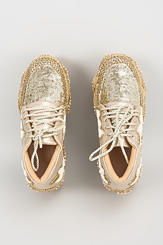 Gold Vegan Leather Pearl Hand Embroidered Sneakers by Chal Jooti