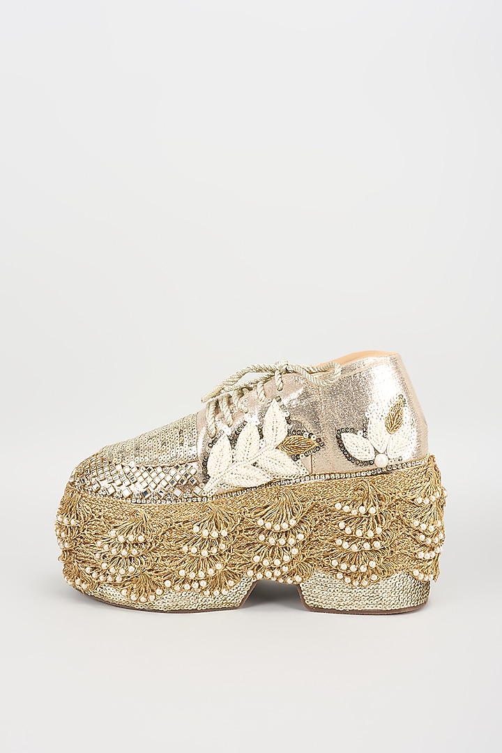 Gold Vegan Leather Pearl Hand Embroidered Sneakers by Chal Jooti at Pernia's Pop Up Shop