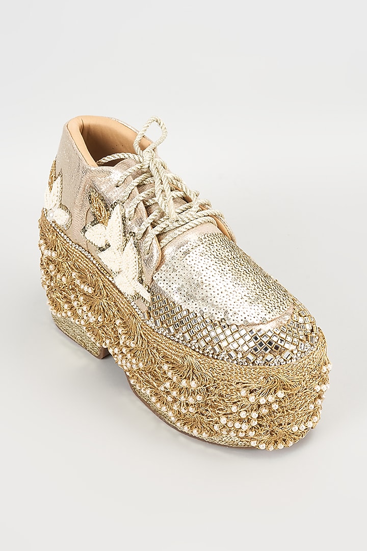 Gold Vegan Leather Pearl Hand Embroidered Sneakers by Chal Jooti at Pernia's Pop Up Shop