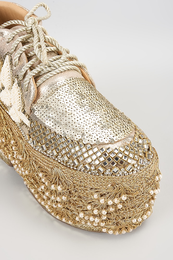 Gold Vegan Leather Pearl Hand Embroidered Sneakers by Chal Jooti at Pernia's Pop Up Shop
