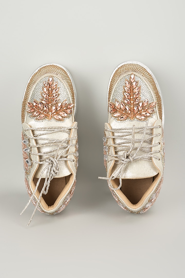 Silver Vegan Leather Embroidered Sneakers by Chal Jooti at Pernia's Pop Up Shop