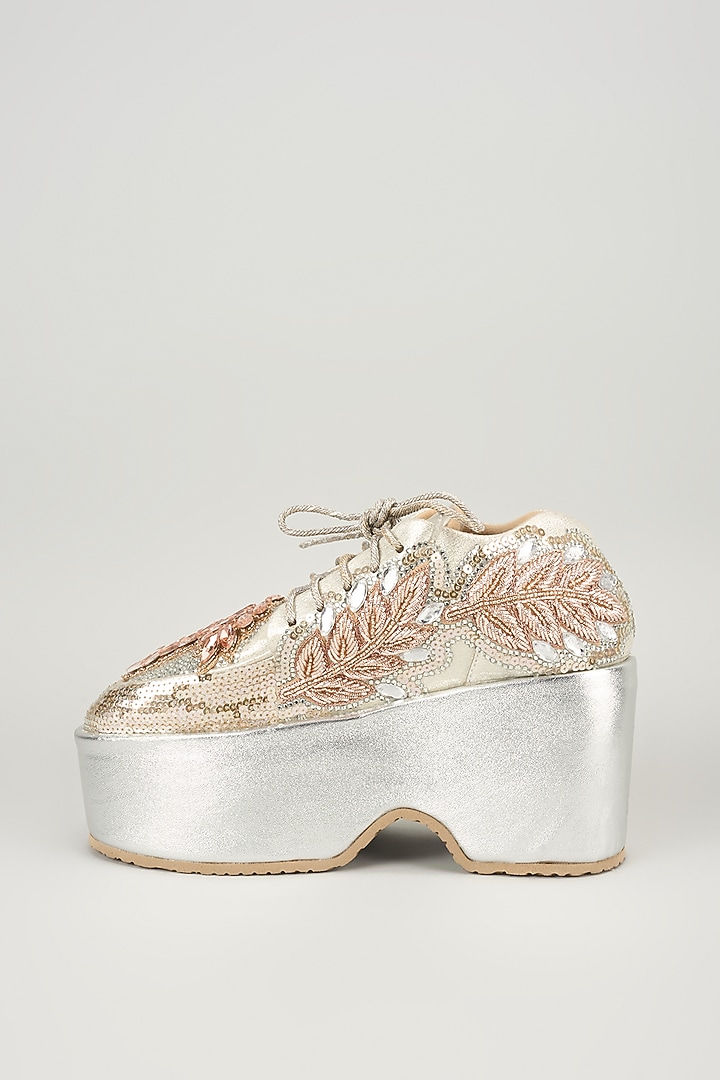 Silver Vegan Leather Embroidered Sneakers by Chal Jooti at Pernia's Pop Up Shop