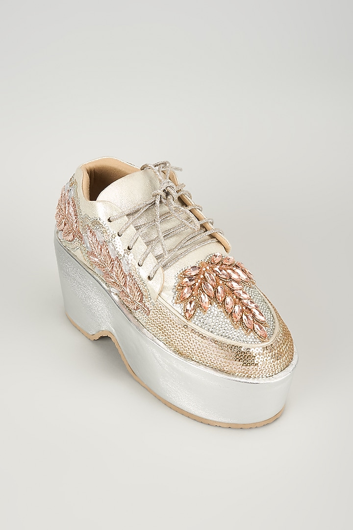 Silver Vegan Leather Embroidered Sneakers by Chal Jooti at Pernia's Pop Up Shop