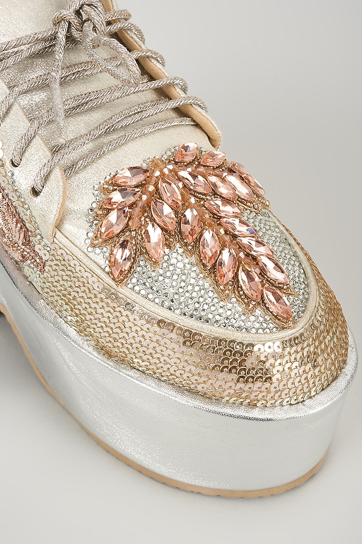 Silver Vegan Leather Embroidered Sneakers by Chal Jooti at Pernia's Pop Up Shop