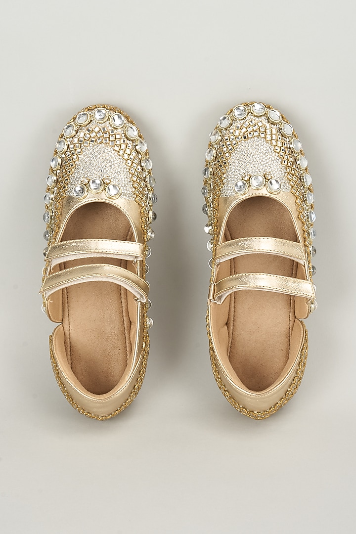 Gold Vegan Leather Embroidered Juttis by Chal Jooti at Pernia's Pop Up Shop