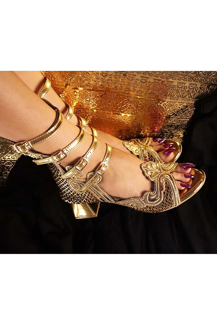 Gold Vegan Leather Embroidered Heels by Chal Jooti at Pernia's Pop Up Shop