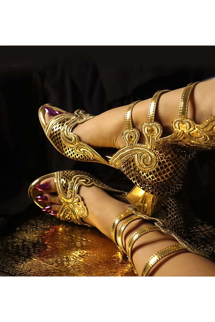 Gold Vegan Leather Embroidered Heels by Chal Jooti at Pernia's Pop Up Shop