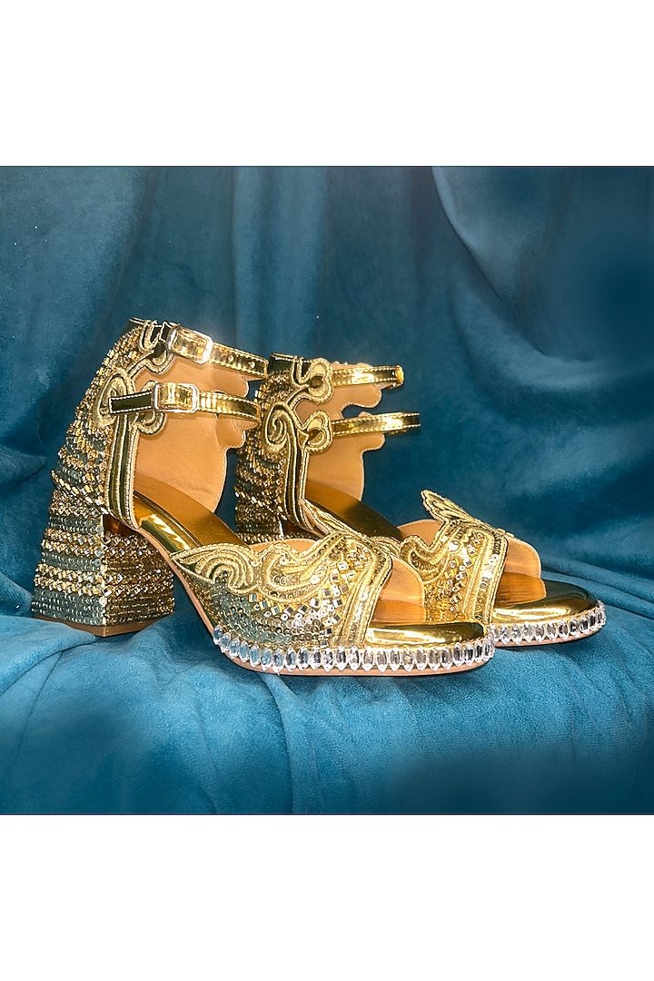 Gold Vegan Leather Embroidered Sandals by Chal Jooti at Pernia's Pop Up Shop