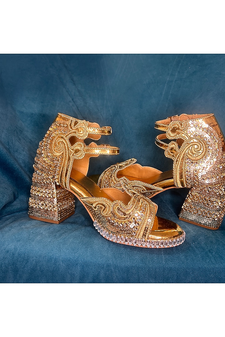 Gold Vegan Leather Embroidered Sandals by Chal Jooti at Pernia's Pop Up Shop