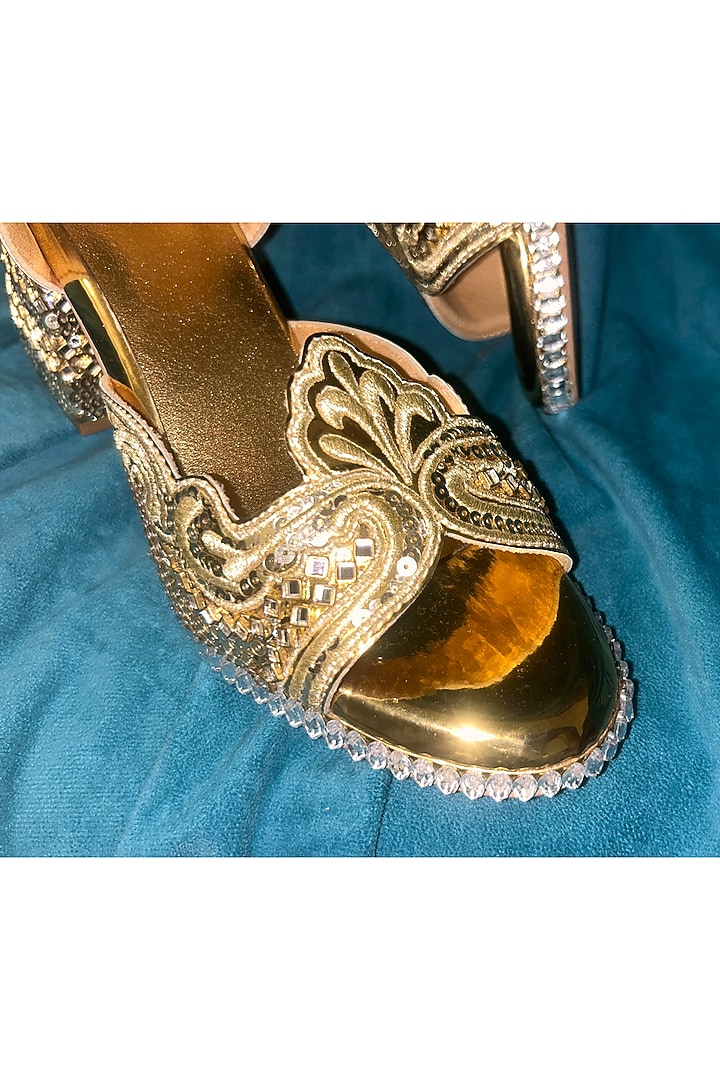 Gold Vegan Leather Embroidered Sandals by Chal Jooti at Pernia's Pop Up Shop