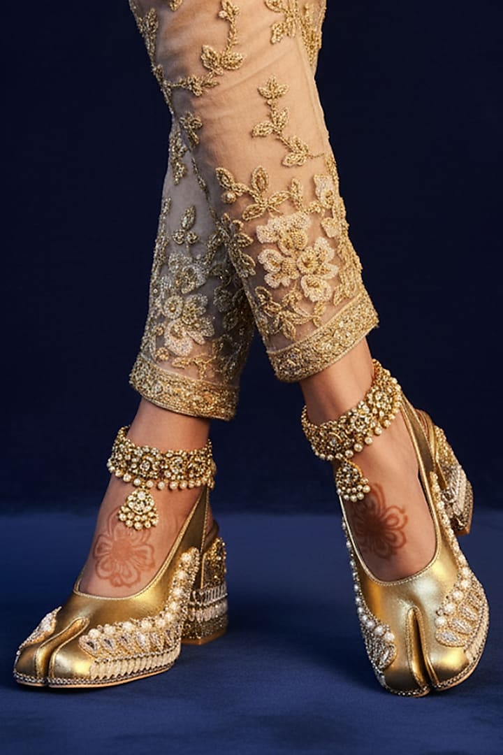 Gold & Silver Vegan Leather Embroidered Jutti Heels by Chal Jooti at Pernia's Pop Up Shop