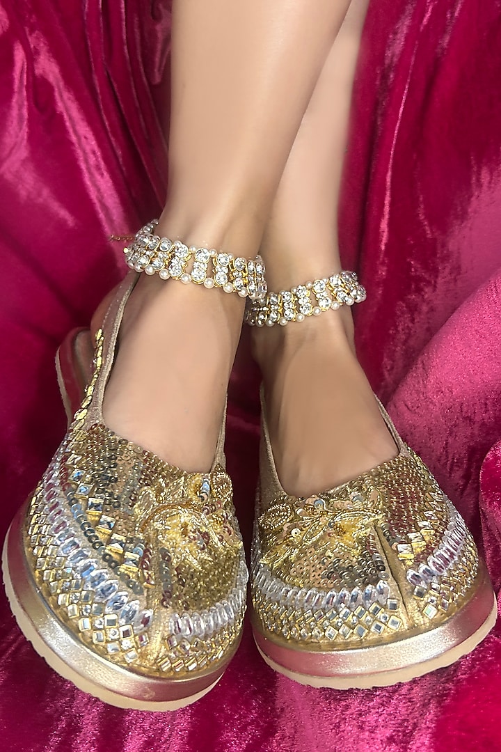 Gold & Silver Vegan Leather Embroidered Shoes by Chal Jooti at Pernia's Pop Up Shop