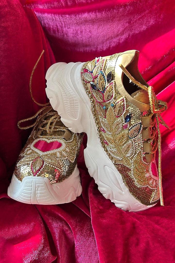 Multi-Colored Vegan Leather Embroidered Sneakers in 2 inch heel by Chal Jooti at Pernia's Pop Up Shop