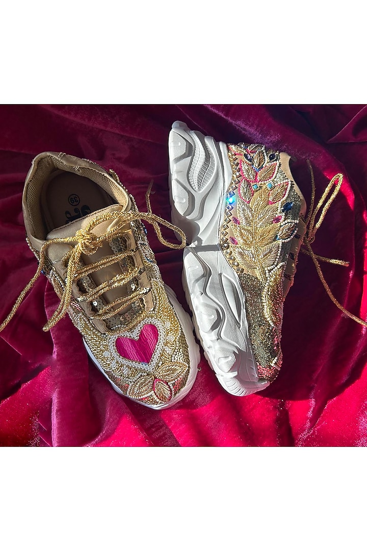 Multi-Colored Vegan Leather Embroidered Sneakers in 2 inch heel by Chal Jooti at Pernia's Pop Up Shop