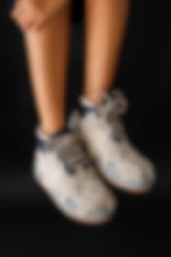 Blue & White Vegan Leather Embroidered Sneakers by Chal Jooti at Pernia's Pop Up Shop