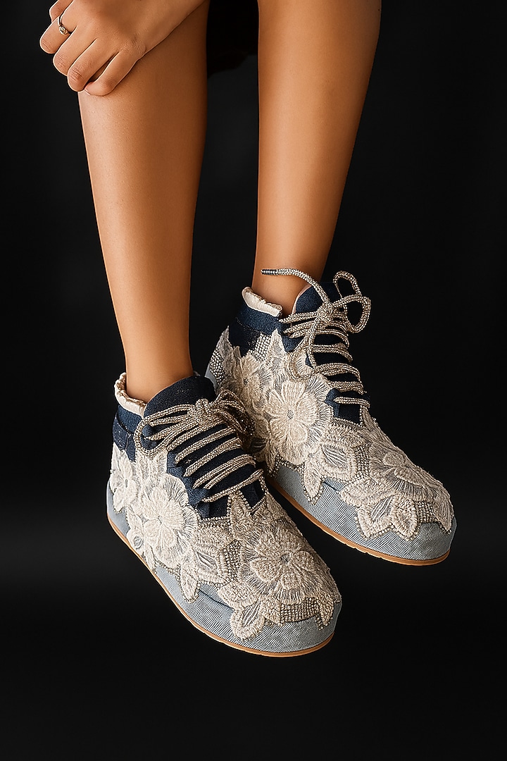 Blue & White Vegan Leather Embroidered Sneakers by Chal Jooti at Pernia's Pop Up Shop