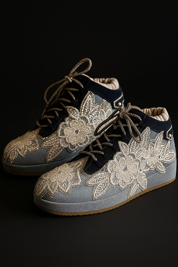 Blue & White Vegan Leather Embroidered Sneakers by Chal Jooti at Pernia's Pop Up Shop