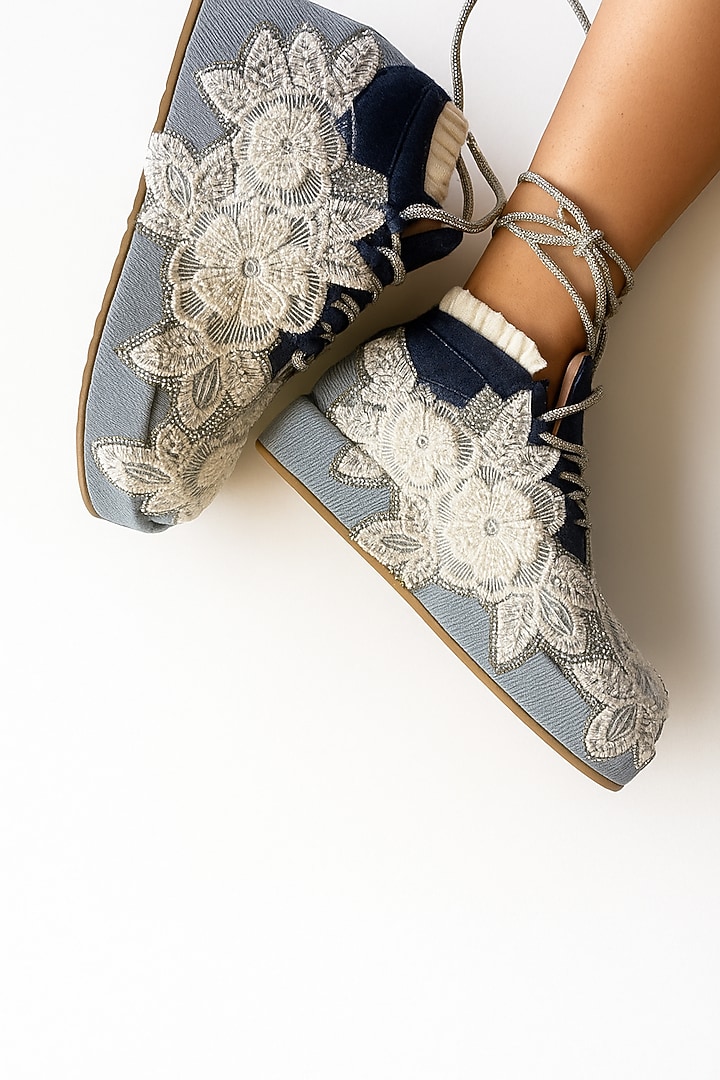 Blue & White Vegan Leather Embroidered Sneakers by Chal Jooti at Pernia's Pop Up Shop