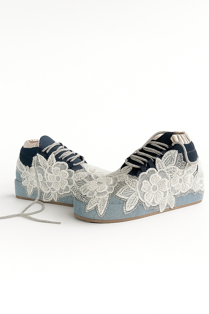 Blue & White Vegan Leather Embroidered Sneakers by Chal Jooti at Pernia's Pop Up Shop