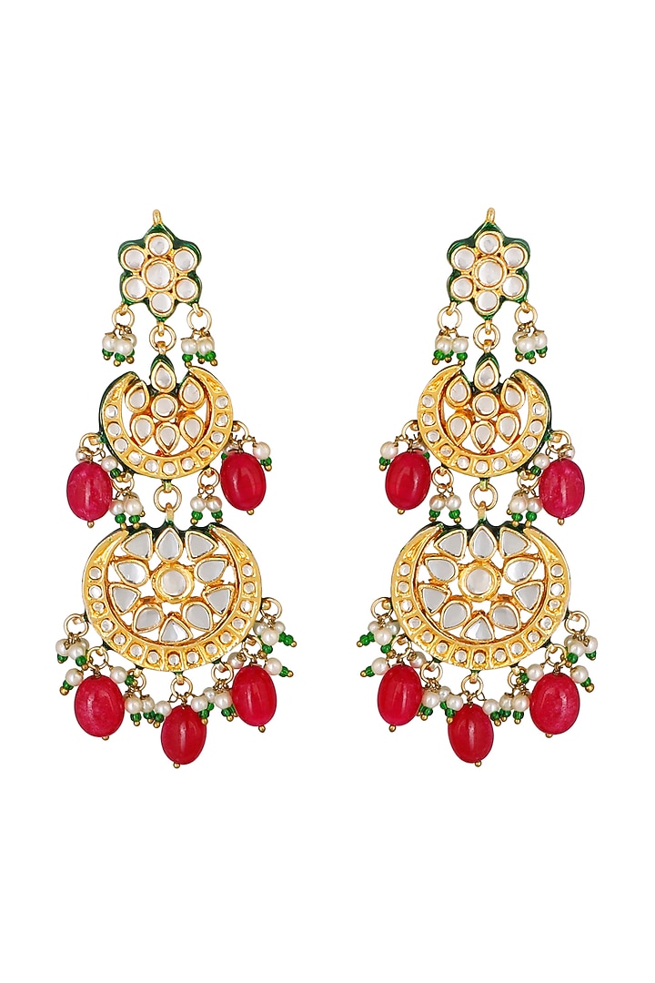 Gold Finish Earrings With Maroon Drops by Chhavi'S Jewels at Pernia's Pop Up Shop