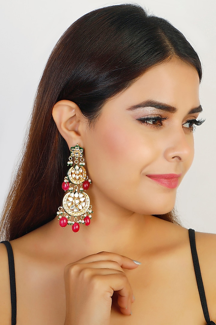 Gold Finish Earrings With Maroon Drops by Chhavi'S Jewels